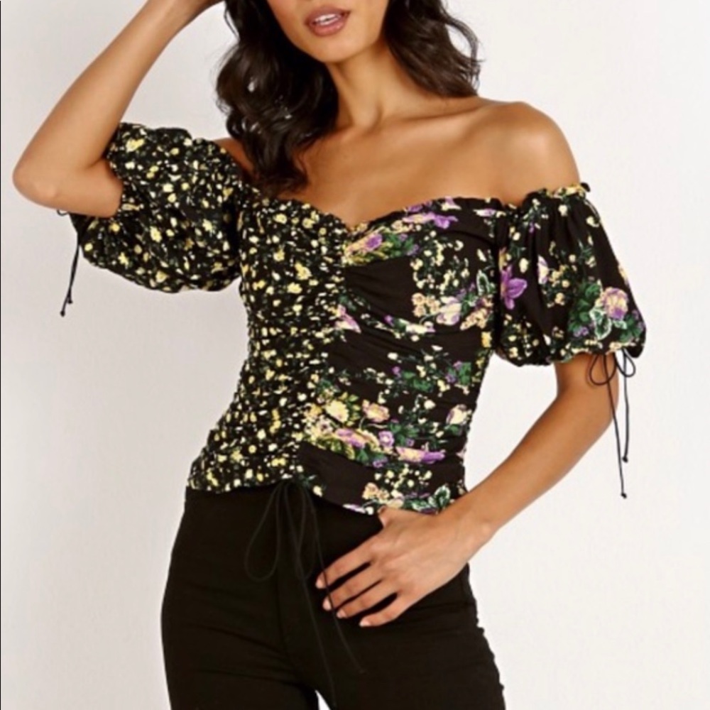 For Love & Lemons Black Floral Off-Shoulder Puff Sleeve Top